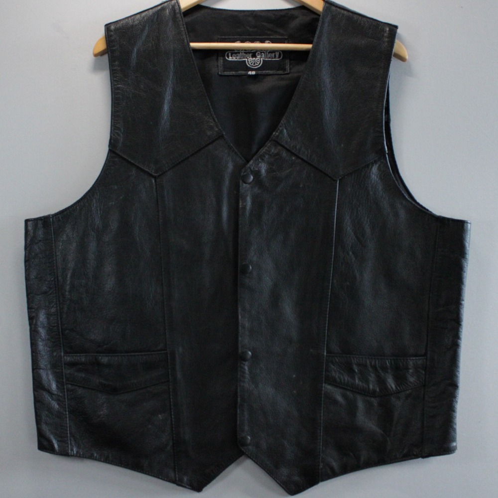 Leather Gallery Mens Black Faux Leather Biker Vest Western Yoke Snap Front 48